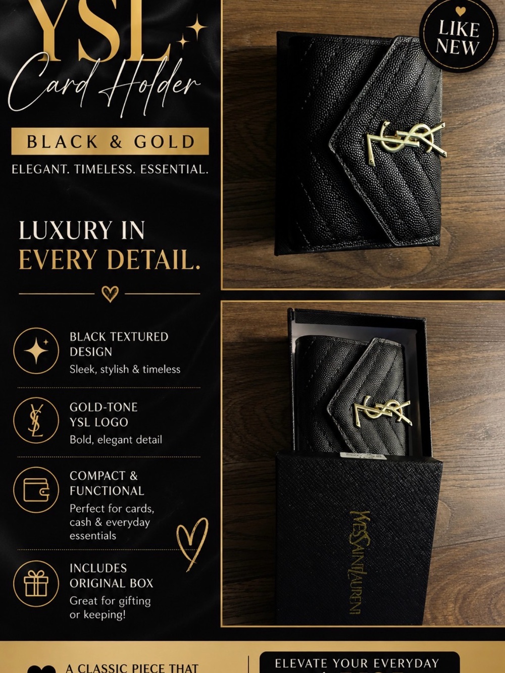 Yves Saint Laurent Black & Gold Quilted Card Holder